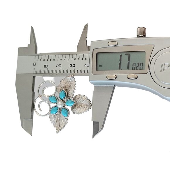 Sterling Silver Turquoise Lucite Cab, Leaf Brooch Pin, M524 - Picture 5 of 7